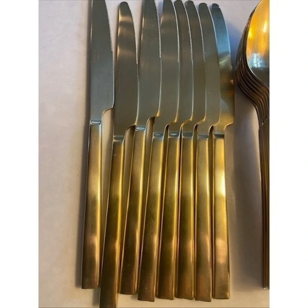 Gold Stainless Steel Flatware Set 39 Piece Modern Square Handle Satin Finish